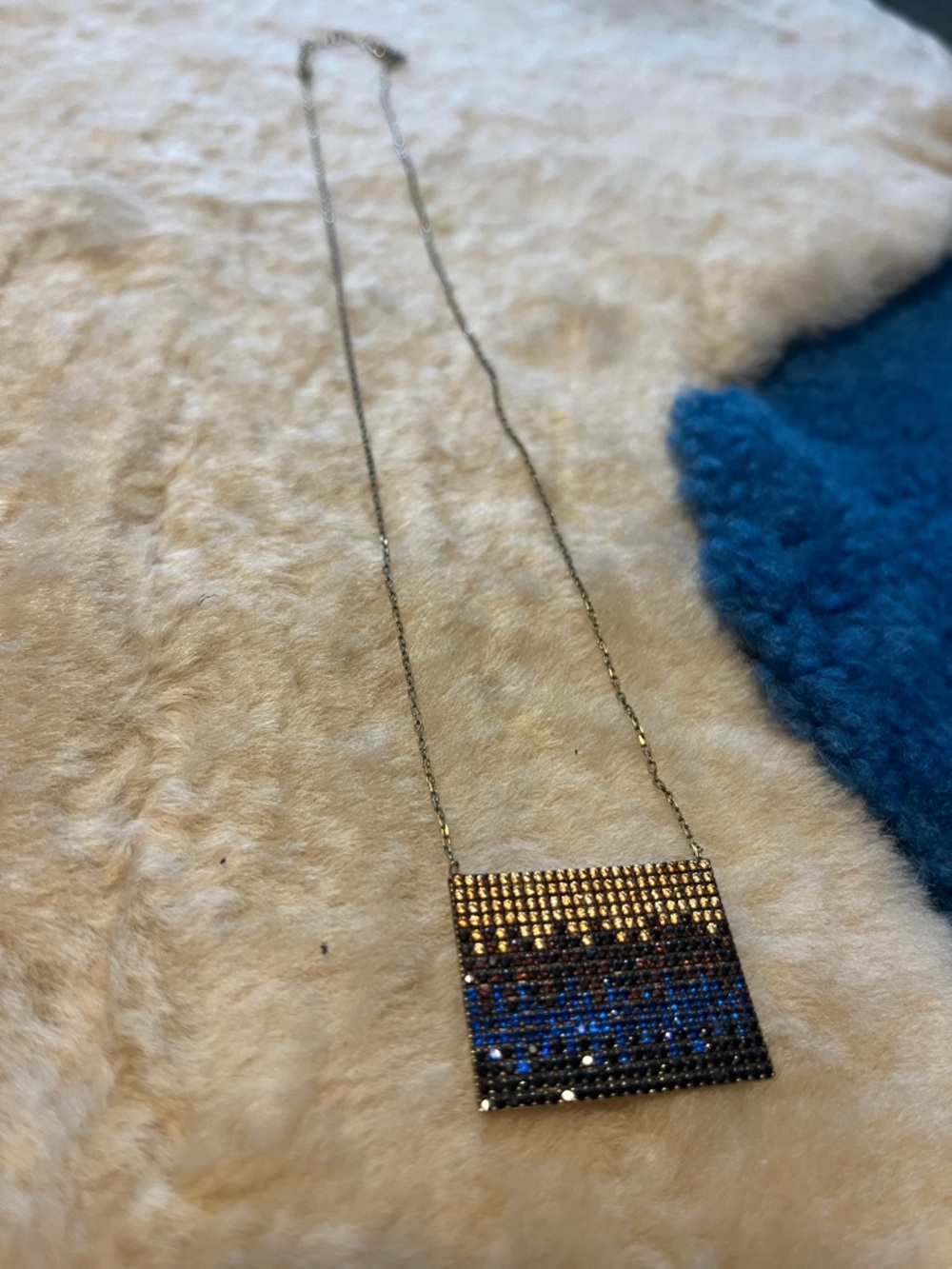 Ombré cityscape Gold and Blue Rectangular Crystal Pendant Necklace.  15”-18”